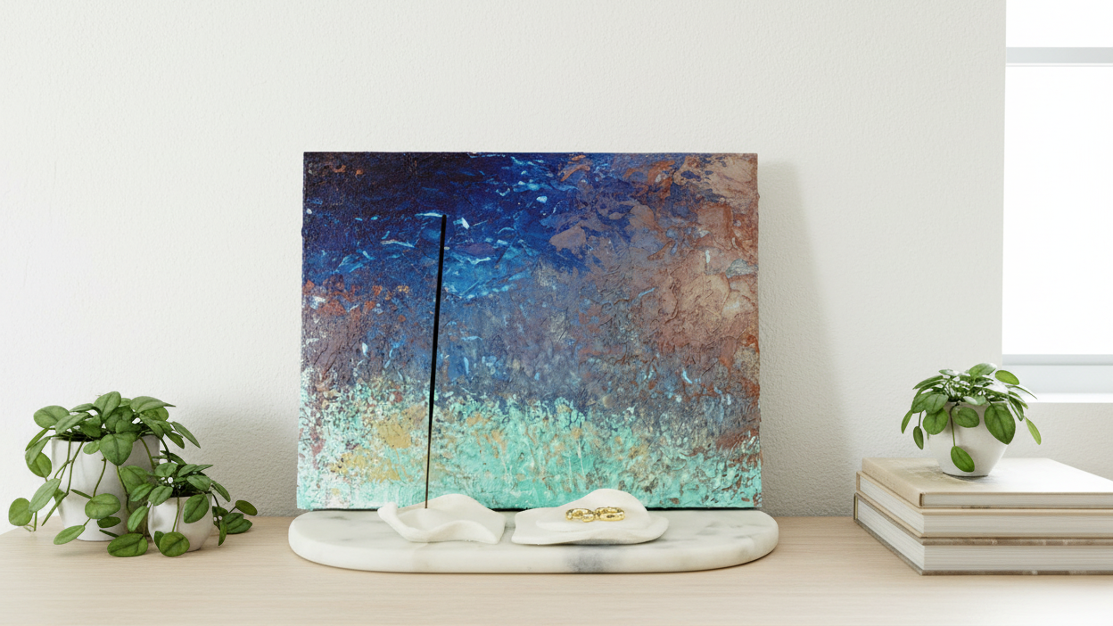 An abstract canvas painting with textured blue, teal, and brown tones, displayed on a light wood console table with decorative plants and books in a bright, modern room.