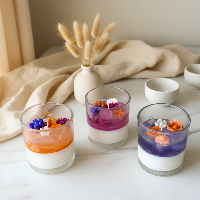 Three small glass candles with layered white wax, orange and purple wax, and dried flower petals, arranged on a light marble surface with neutral decor in the background.
