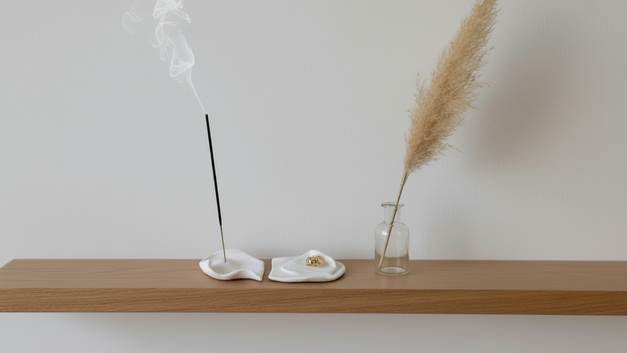 A minimalist shelf display featuring a white ceramic incense holder with a smoking incense stick, a small white dish with two gold rings, and a clear glass vase holding a pampas grass stem, all set against a neutral light gray wall.