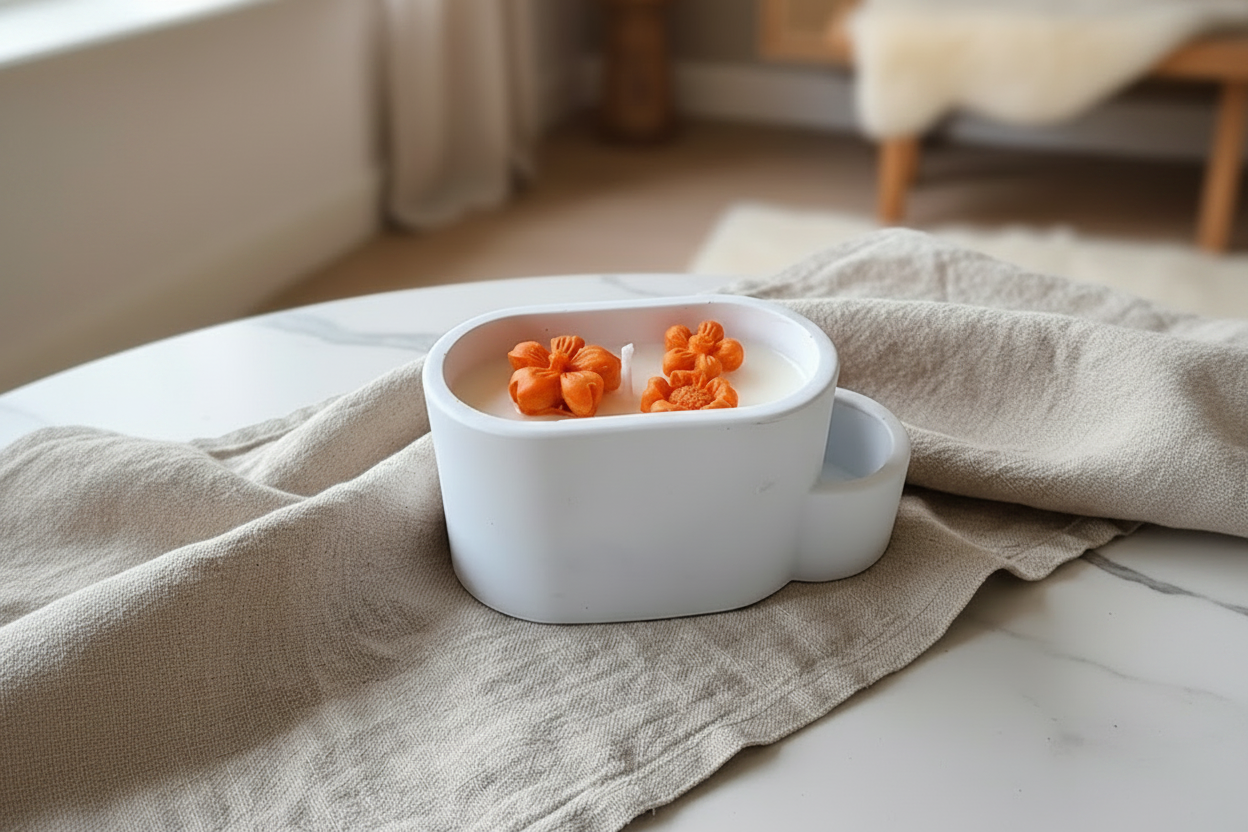A white ceramic candle holder with a small side cup, filled with white wax and decorated with two pink dried flower buds, resting on a beige linen cloth on a white marble table in a softly blurred living room setting.