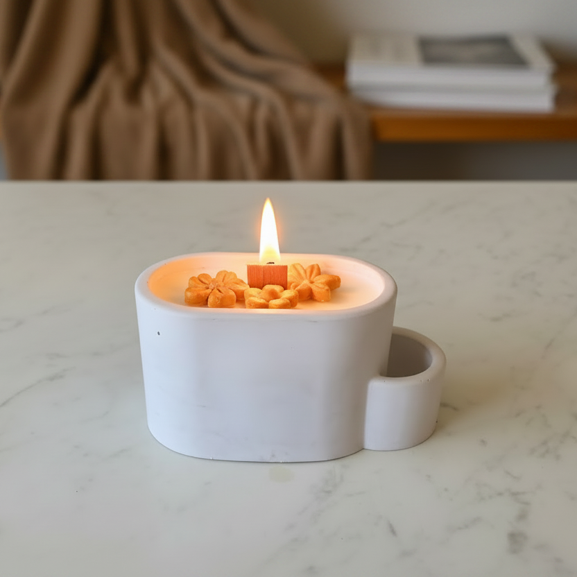 A white ceramic candle holder shaped like a mug with a small side cup, holding a lit candle topped with orange flower-shaped wax accents, set on a white marble surface in a softly blurred indoor setting.