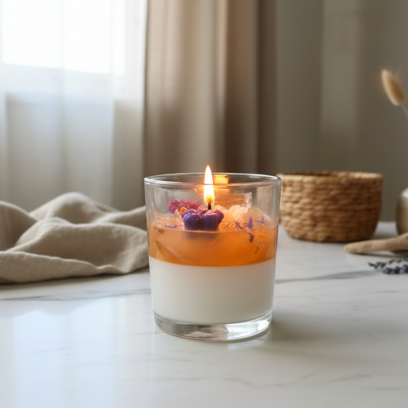 A lit candle in a clear glass jar sits on a white marble surface in a softly styled interior. The candle has a white lower section and an amber-orange upper section with dried flower petals floating inside.