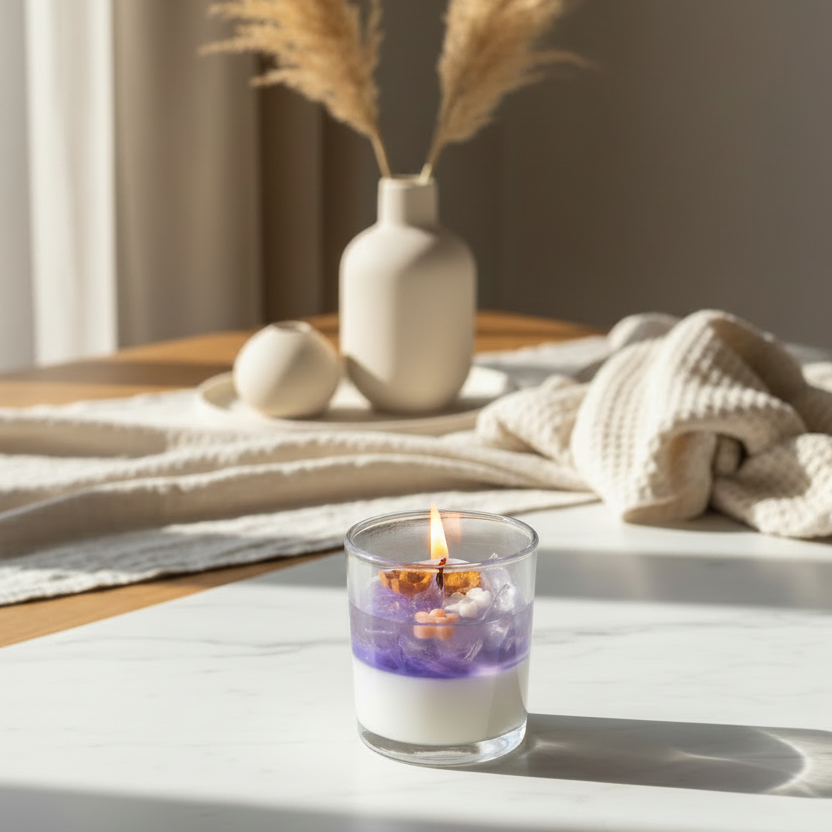 A lit candle in a clear glass jar sits on a light marble surface, with a white and purple wax design visible. The scene is styled with a cream vase holding pampas grass, a folded cream knit blanket, and a small round decor object in the background.