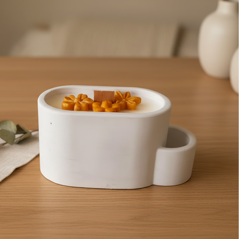 A white ceramic candle holder with a small side cup, filled with white wax and decorated with orange flower-shaped wax ornaments, set on a wooden table next to a beige cloth with dried greenery.