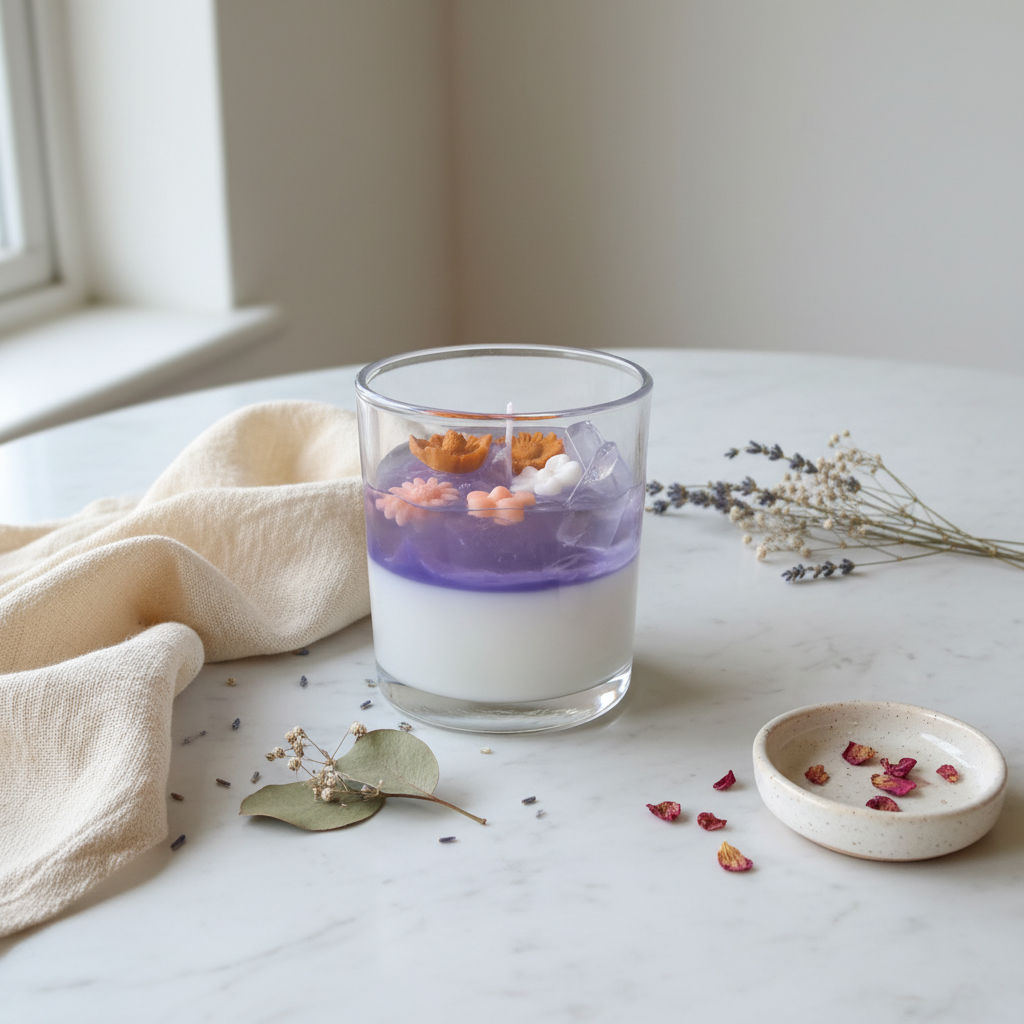 A two-wick candle in a clear glass jar sits on a white marble table. The candle has a white wax base with a translucent purple layer on top and dried flower petals floating in the upper half.