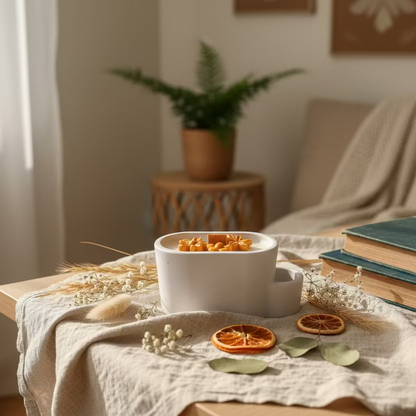 Three small orange flower-shaped beads or embellishments resting in a white ceramic dish on a light gray marble surface.