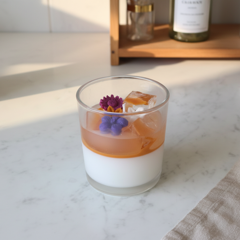 A layered iced drink in a clear glass tumbler sits on a white marble countertop. The drink has a white lower layer, a peachy orange upper layer, and ice cubes, with a small purple edible flower garnish.